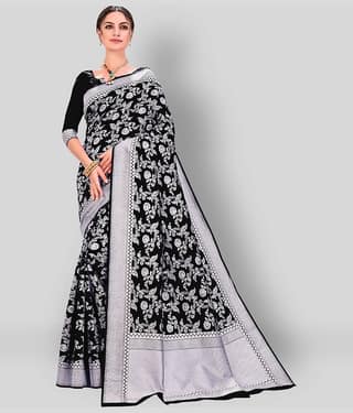 Dressy Banarasi Silk Printed Saree With Unstitched Blouse Piece ( Black )