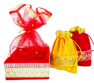 Omkar by R3 Inc. Royal Gift Basket & Shagun Potli Combo pack for Gifts Hampers | Fancy Gifting | Wedding Gifting|Shagun|Return Gift (Pack of 3 / Standard) Shagun Potli & Square Basket - Multi Color