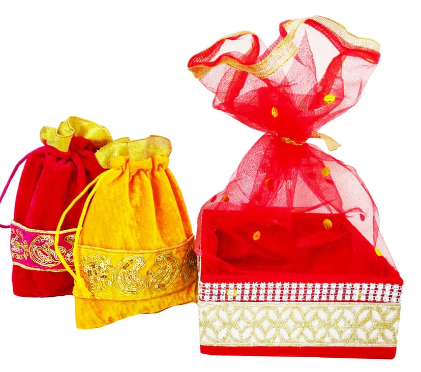 Omkar by R3 Inc. Royal Gift Basket & Shagun Potli Combo pack for Gifts Hampers | Fancy Gifting | Wedding Gifting|Shagun|Return Gift (Pack of 3 / Standard) Shagun Potli & Square Basket - Multi Color view 2