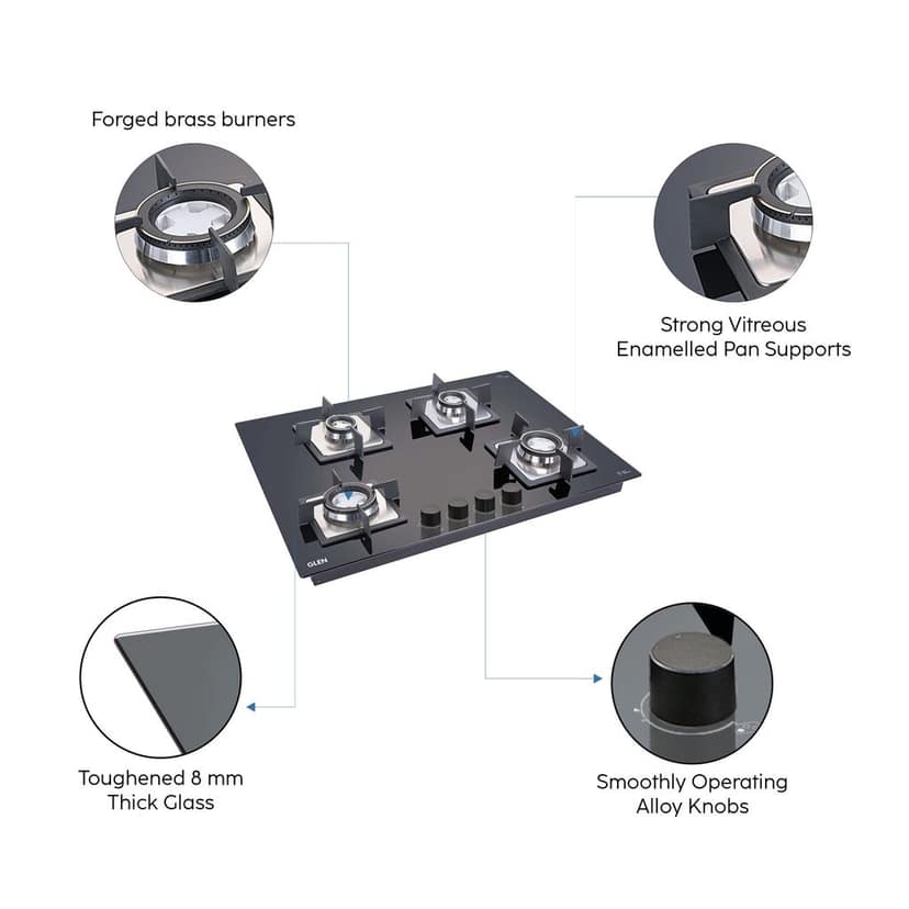 4 Burner Glass Hob Top with Double Ring Forged Brass Burner Auto Ignition (1074 SQ HT DB) view 2