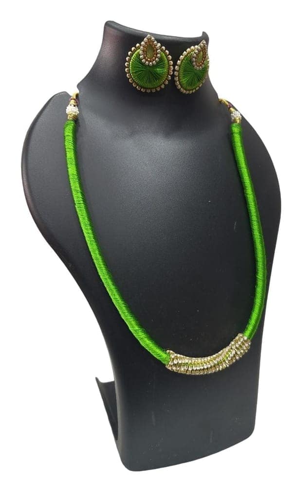 Green Silk Thread Necklace Set with Stone and Pearl Detailing view 2