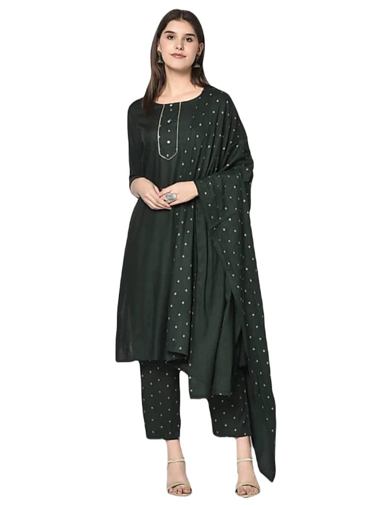 ATTIRIS Women's Rayon Straight Solid Calf Length Kurta Palazzo Set with Dupatta, Round Neck, 3/4th Sleeve. view 2