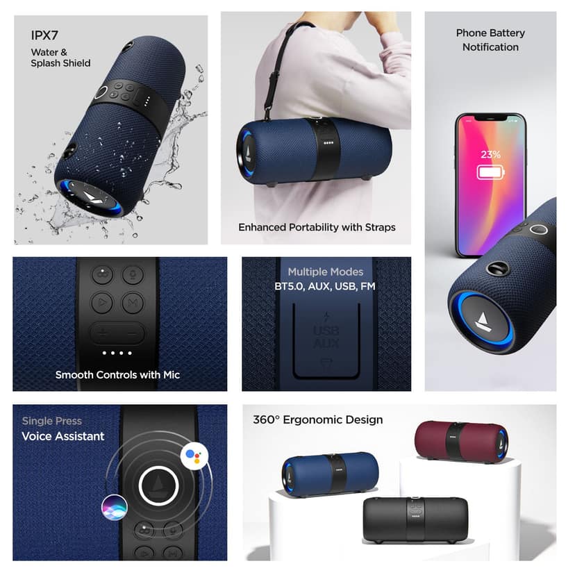 boAt Stone 1200 | 14W Portable Wireless Speaker with RGB LEDs, Up to 9 Hours of Playtime, AUX, USB and FM modes Blue view 2