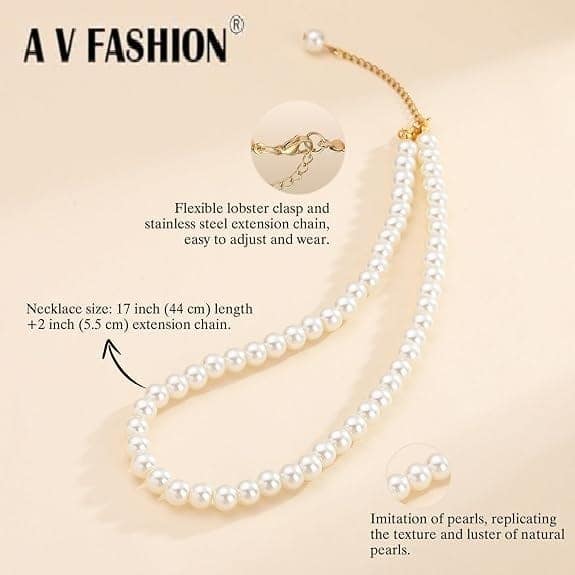 A V FASHION - Pearl Necklace For Girl and Women White Pearl Necklaces for Women, 8MM Beaded Choker Necklace 1 Layer Beaded Mala Fashion Jewellery view 2