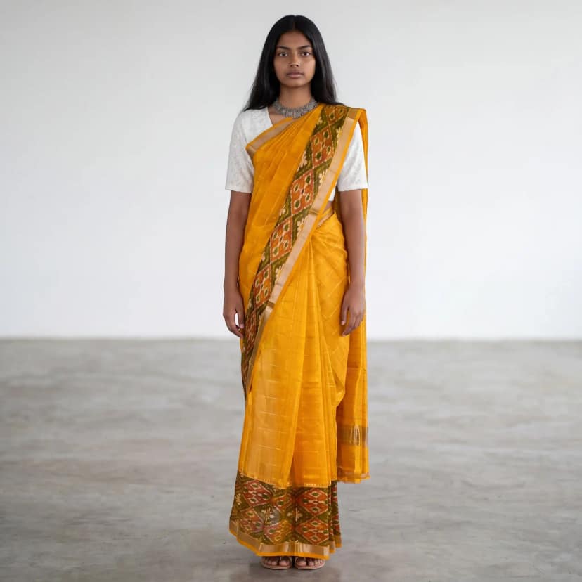 Mangalagiri Handloom Saree in Mustard with Tie-and-Dye Nizam Border