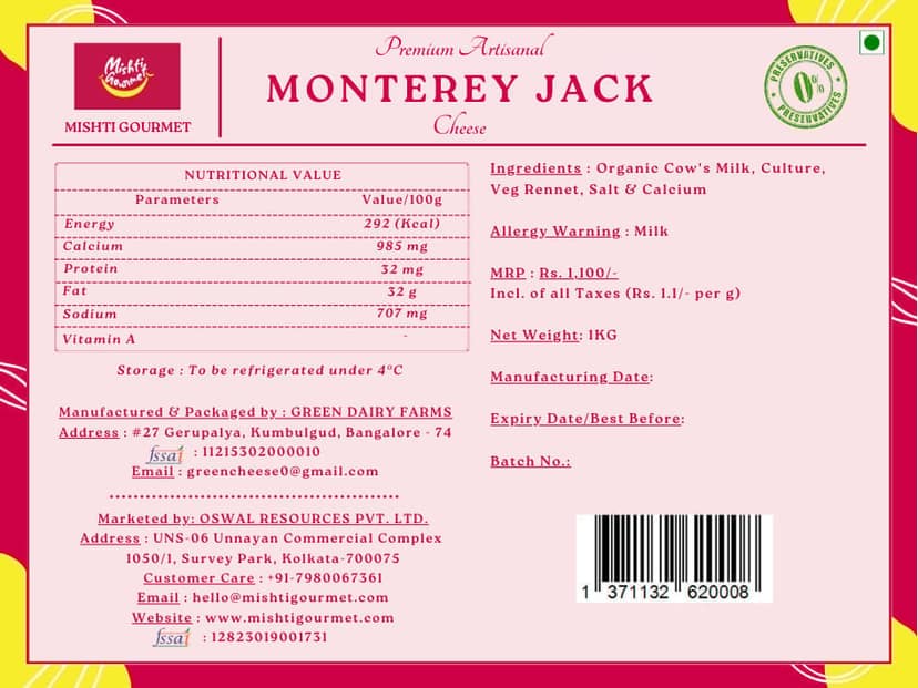 Mishti Gourmet Monterey Jack 1kg view 2