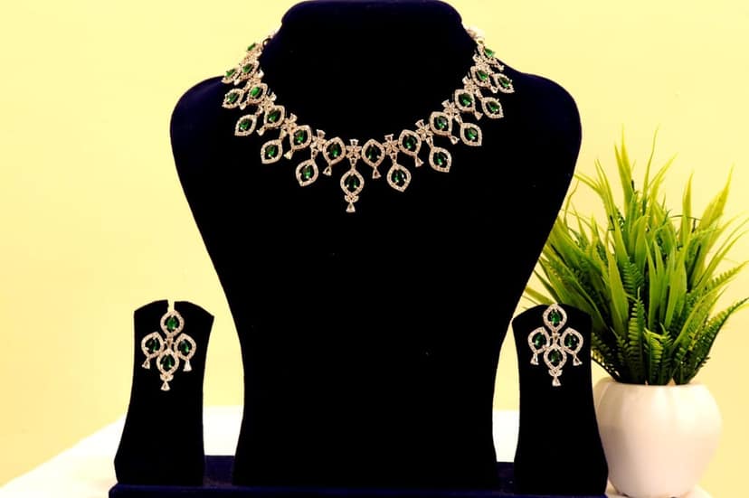 victoria Stunning rhodium plated AD stone necklace set with green stones view 2