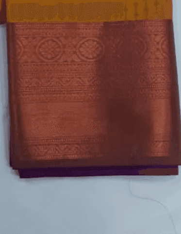 Women Semi Pattu Saree Silk Blend Saree gold color saree with purple color pallu and blouse view 2