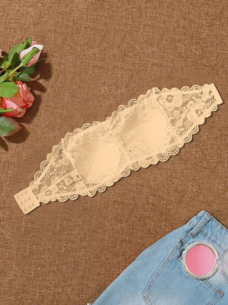 Women’s/Girl’s Lace Net Tube Bra Strapless Padded Seamless Hook Closure Bra - Beige & Black view 2