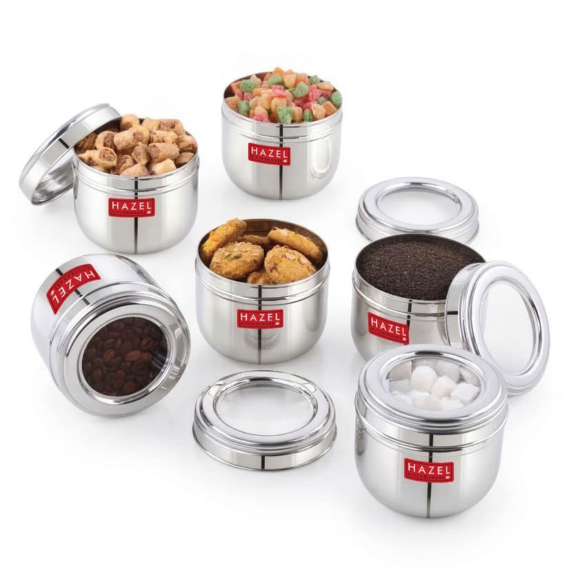 HAZEL Stainless Steel Transparent Lid Containers , Versatile Storage Jars with See-Through Top , Nesting Kitchen Canisters for Spices, Snacks & Grains , 500ml (Set of 6) view 2