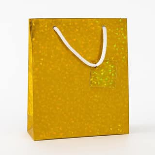 Divatos Holographic Gold Paper Gift Carry Bags with Handle and Message Label | For Birthday Parties Festivals Housewarming Corporate Gifting & Anniversary (Pack of 10 Pcs) (Golden, 18X13X5.5 Inch)