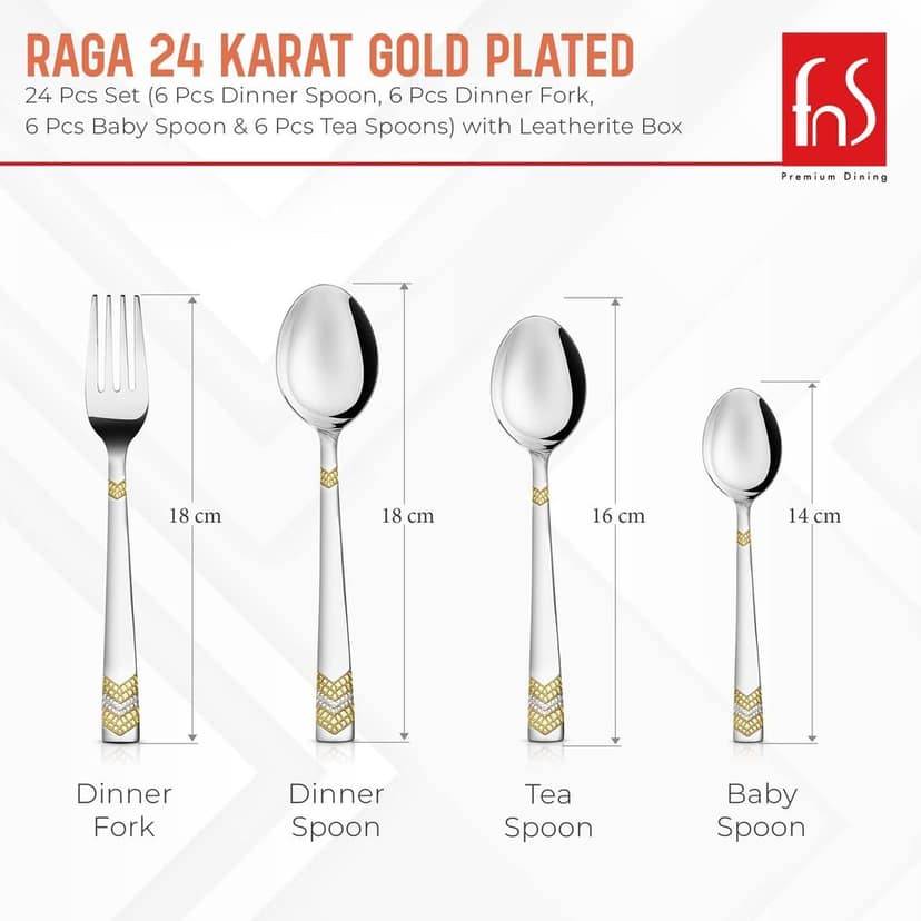 FnS RAGA 24 Karat Gold Plated 24 Pcs Cutlery Set (6 Pc Dinner Spoons, 6 Pc Dinner Fork, 6 Pc Tea Spoons & 6 Baby Spoons) with Leatherite Box view 2