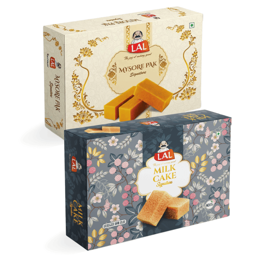 Lal Sweets Combo of Mysore Pak Signature 400g and Milk Cake 400g || Made with Milk Solids and Cow Ghee || Milk Burfi || Mysuru Sweet || Traditional Taste of Mysuru || Fresh Ghee and Doodh Mithai