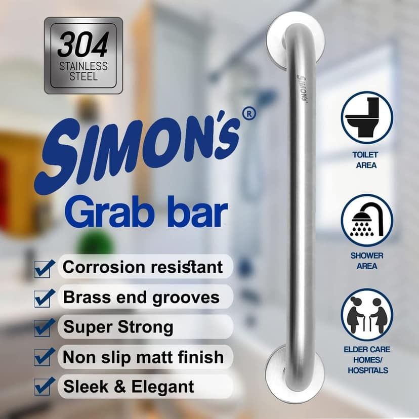 Simon's 100% Stainless Steel 304 Heavy Duty Grab bar for Bathroom handrailing and Safety Handle for Elderly- 12 inch - Pack of 2 view 2