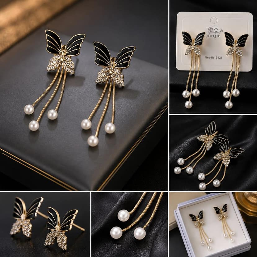 Elegantra 2-in-1 Convertible Kpop Butterfly Danglers for Women & Girls | Detachable Pearl Chain Drop Earrings | Celebrity Style Stud Earrins view 2