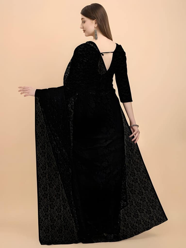 Women's Black Leaf Printed Organza Saree with Unstitched Blouse Piece | Lightweight Party Wear, Festive & Designer Saree view 2