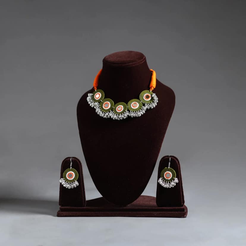 Multicolor Mirror Work German Silver Choker Set