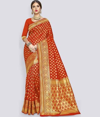 Sariya Jacquard Embellished Saree With Unstitched Blouse Piece ( Orange )