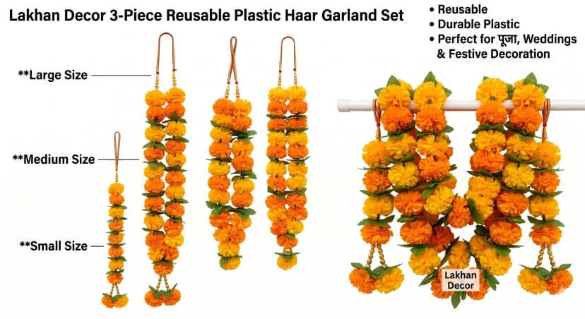 3-Piece Reusable Plastic Haar Garland Set for पूजा, Weddings & Festive Decoration – Small, Medium & Large Sizes | By Lakhan Decor