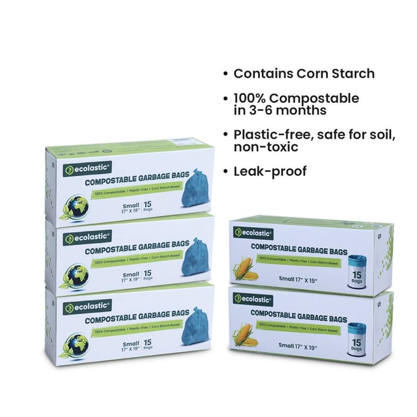 Ecolastic 100% Compostable & Eco-friendly Garbage Bags I SMALL (17 x 19 in.) I 75 bags I Pack of 5 I Capacity 20L I Green Colour view 2