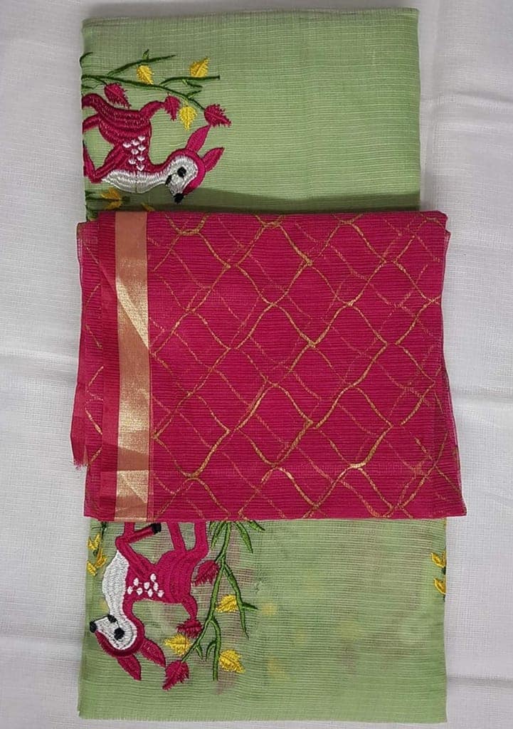 Green Linen Saree With Floral And Deer Embroidery Work view 2
