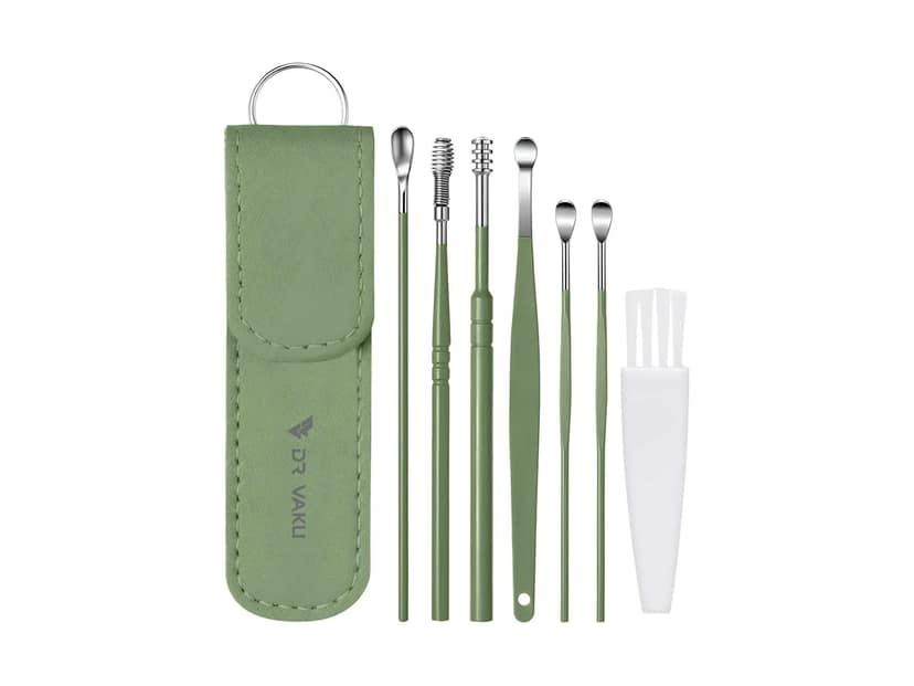 Dr Vaku Reusable EarWax Removal Cleaning Tool Kit (Set of 7) Stainless Steel With Storage Case - Green