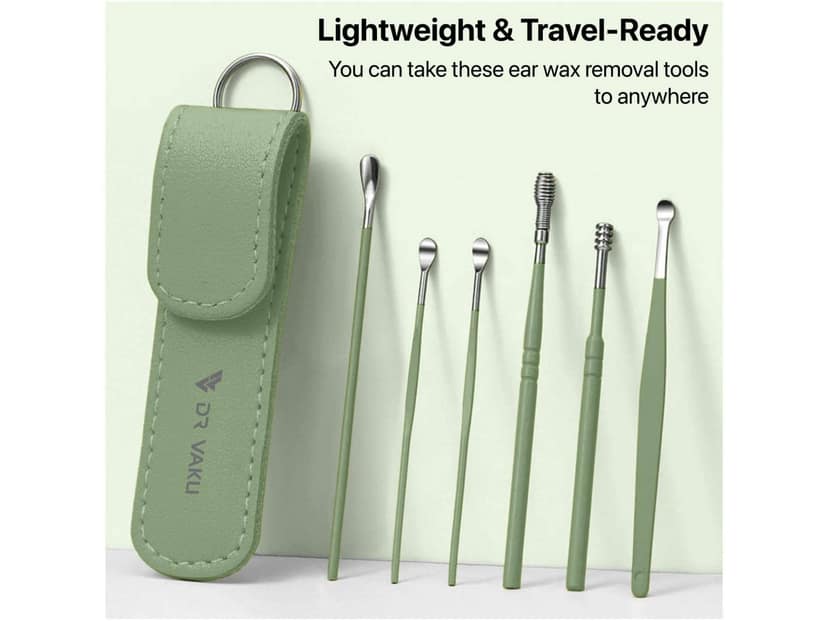 Dr Vaku Reusable EarWax Removal Cleaning Tool Kit (Set of 7) Stainless Steel With Storage Case - Green view 2