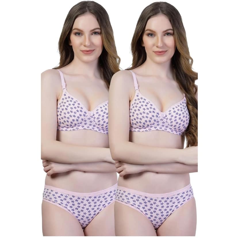 adornstar Women Cotton Lingerie Set with Stars Print Design | Non Wired and Non Padded Bra with Full Coverage Hipster Panty Set | Stylish and Soft Stretchable Fabric (Pack of 2)