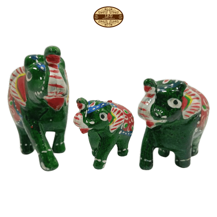 Handcrafted Paper Mache Elephant Family Figurines, Set of 3, Green view 2