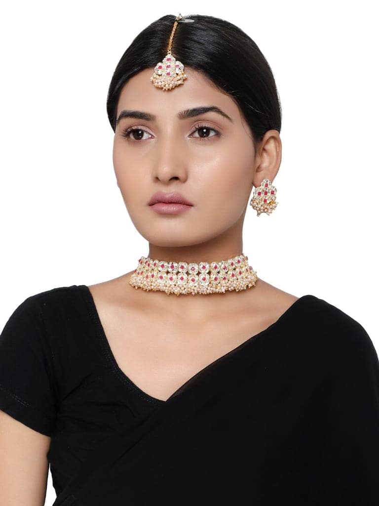 Cardinal Red Stone Kundan Gold Plated Brass Maang Tika & Choker Necklace Set