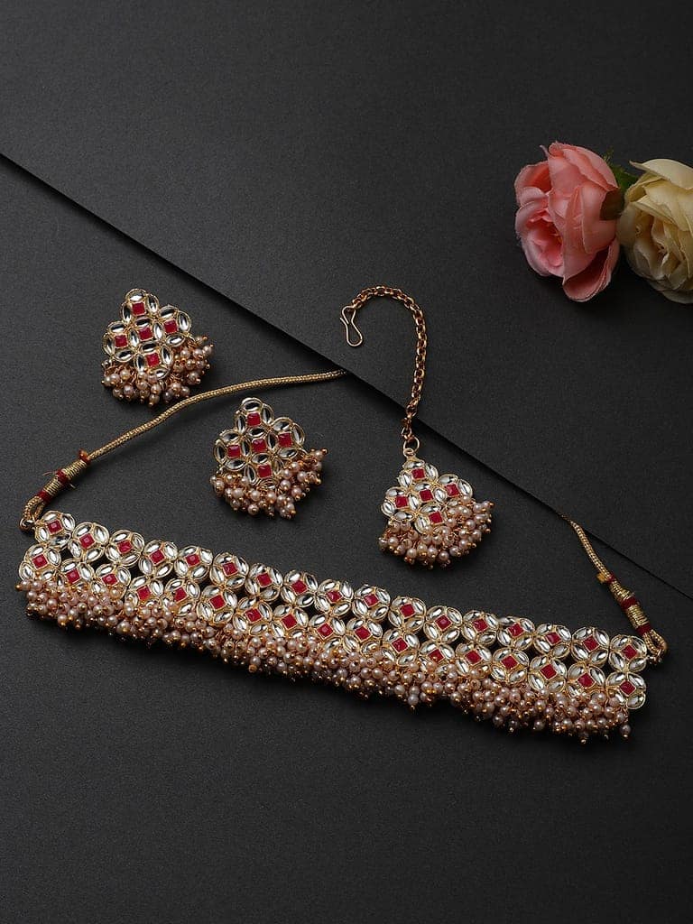 Cardinal Red Stone Kundan Gold Plated Brass Maang Tika & Choker Necklace Set view 2