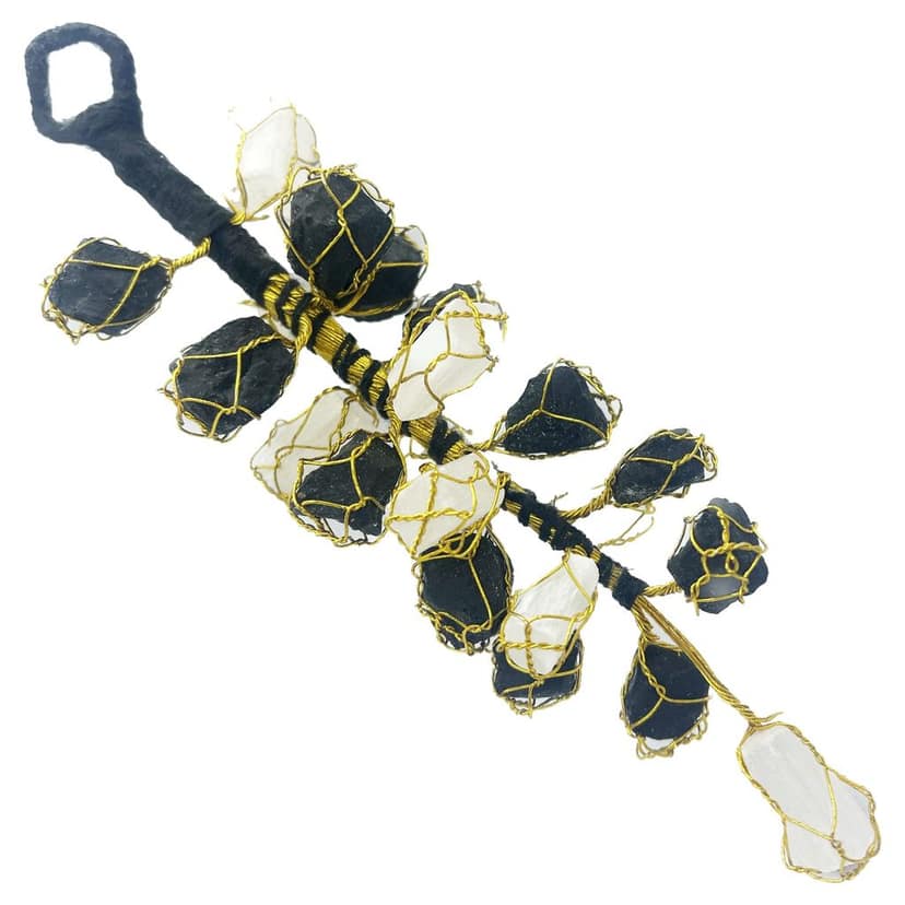KITREE Energised Natural Selenite & Black Tourmaline Crystal Hanging Tree with 21 Beads (Color White & Black)