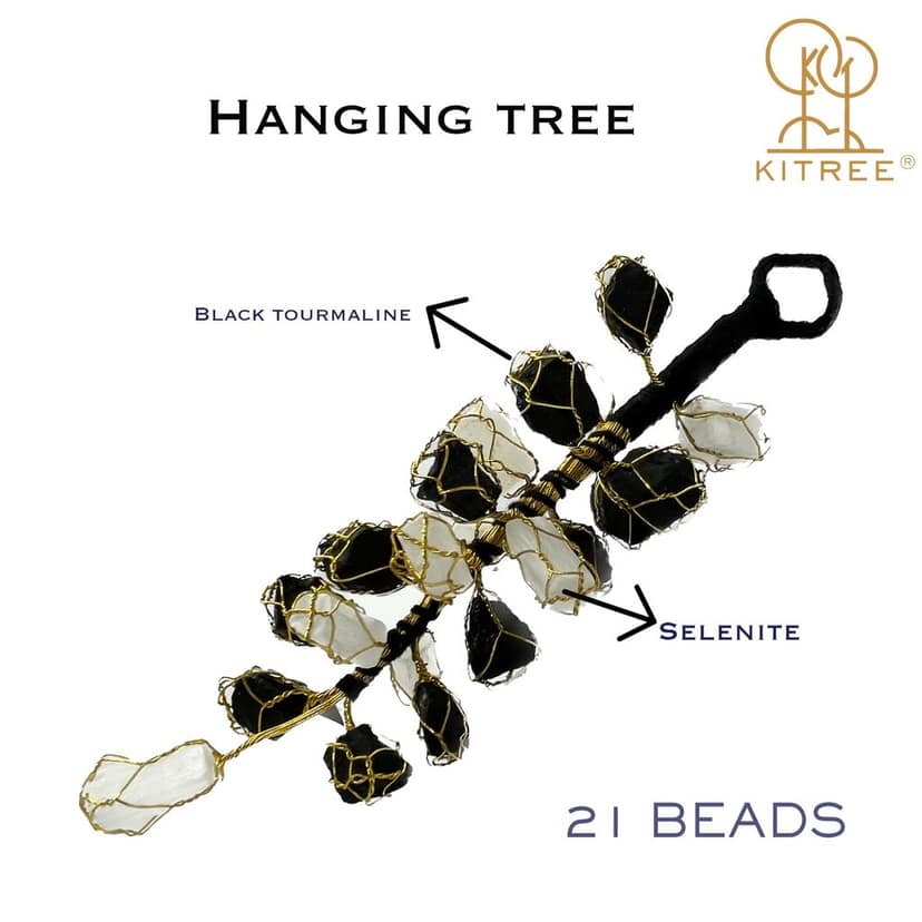 KITREE Energised Natural Selenite & Black Tourmaline Crystal Hanging Tree with 21 Beads (Color White & Black) view 2