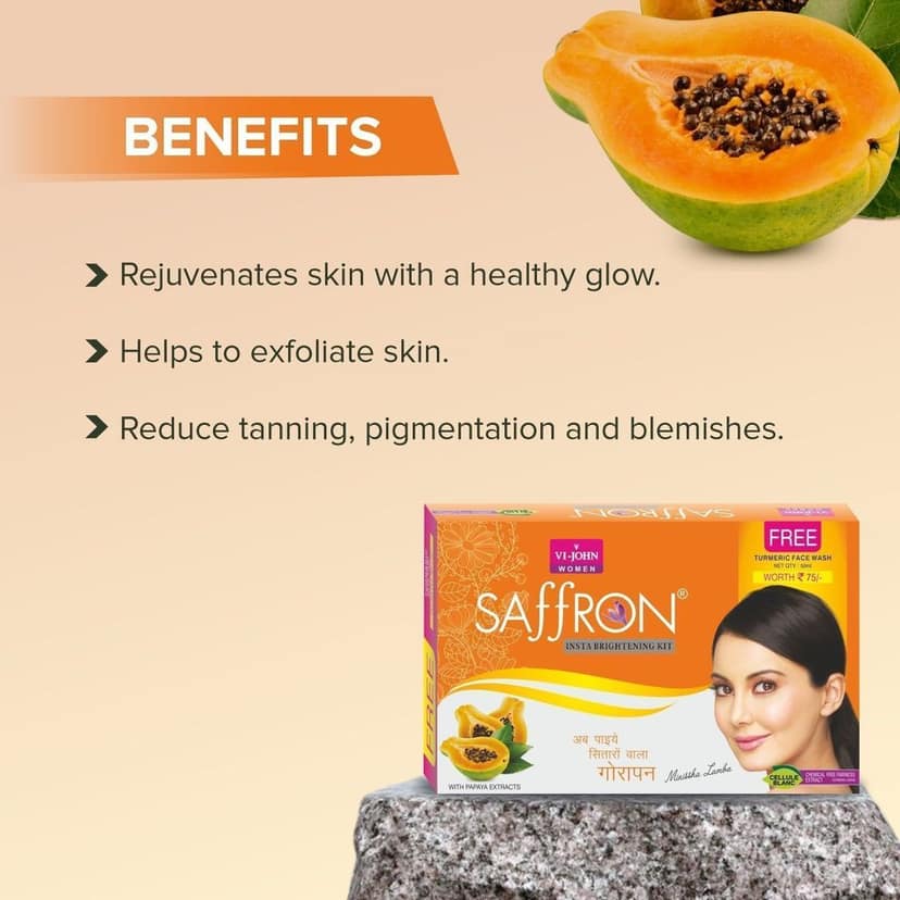 VI-JOHN Saffron Insta Papaya Brightening Facial Kit with Free Turmeric Face Wash (55 + 50 G) 110 G view 2