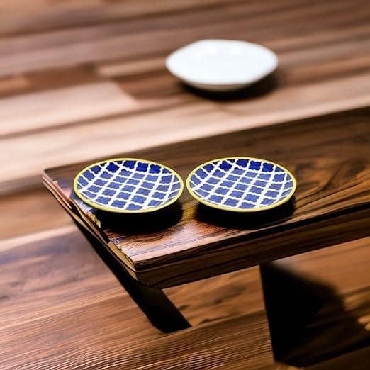 STOREPEDIA Handprinted Ceramic Moroccan Quarter Plates Side Plates for Snacks Salad Serving Purpose Microwave Dishwasher Safe Light Weight Daily Use Blue Yellow Color 21 cm Set of 2 view 2