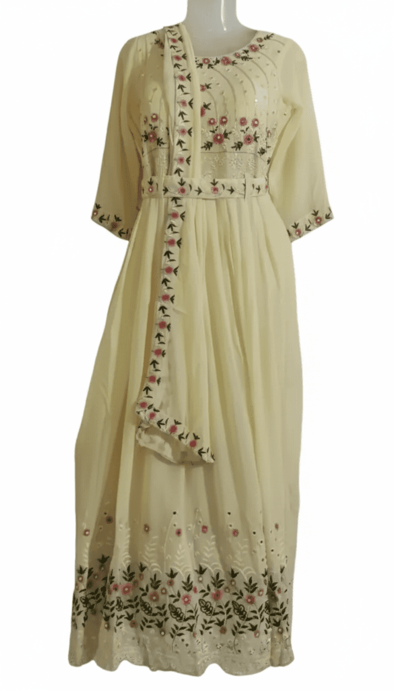 99ladies Store Cream Floral Embroidered Three Fourth Sleeve Anarkali Style Long Dress with Attached Dupatta for Women view 2