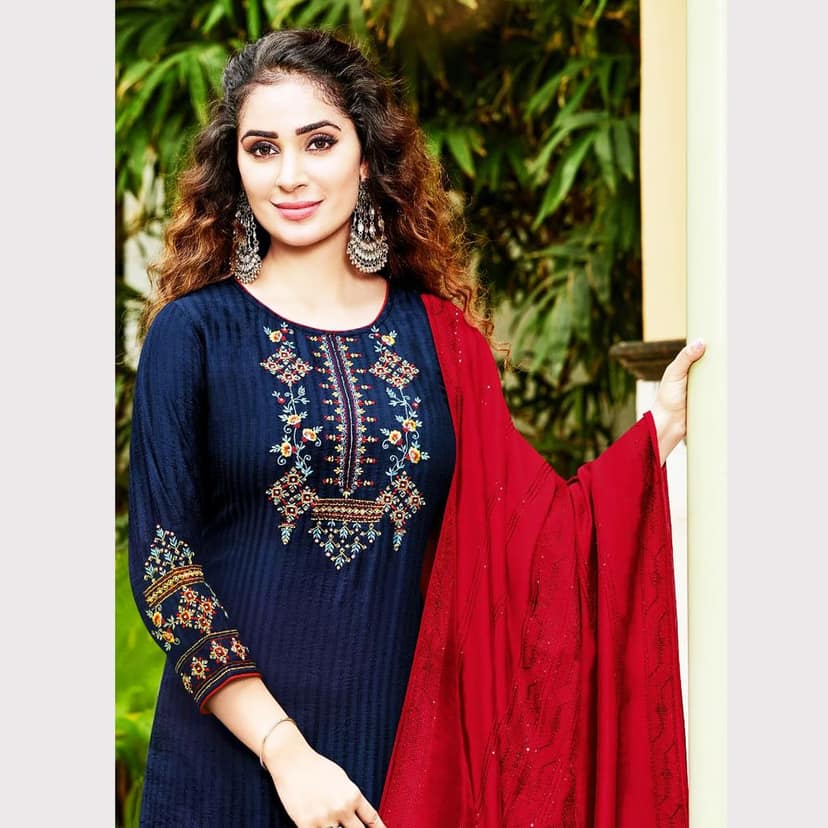 TALK BY FASHION Women Viscose Silk Kurta with Trousers & Dupatta Blue & Red