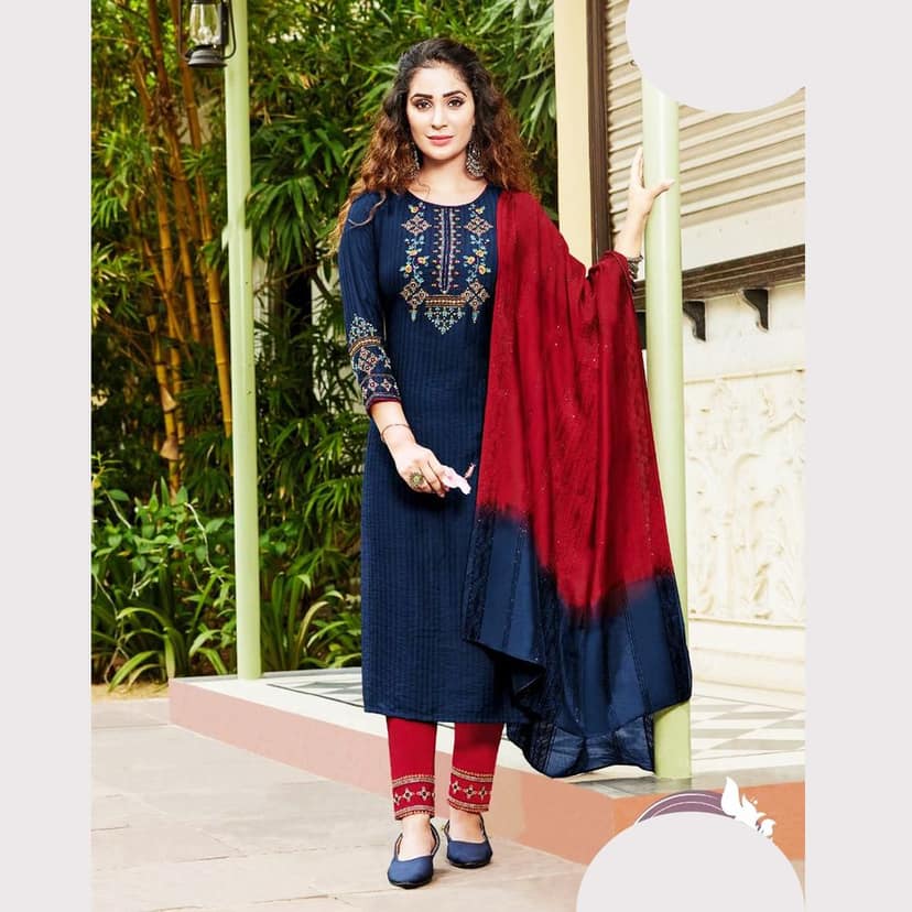 TALK BY FASHION Women Viscose Silk Kurta with Trousers & Dupatta Blue & Red view 2