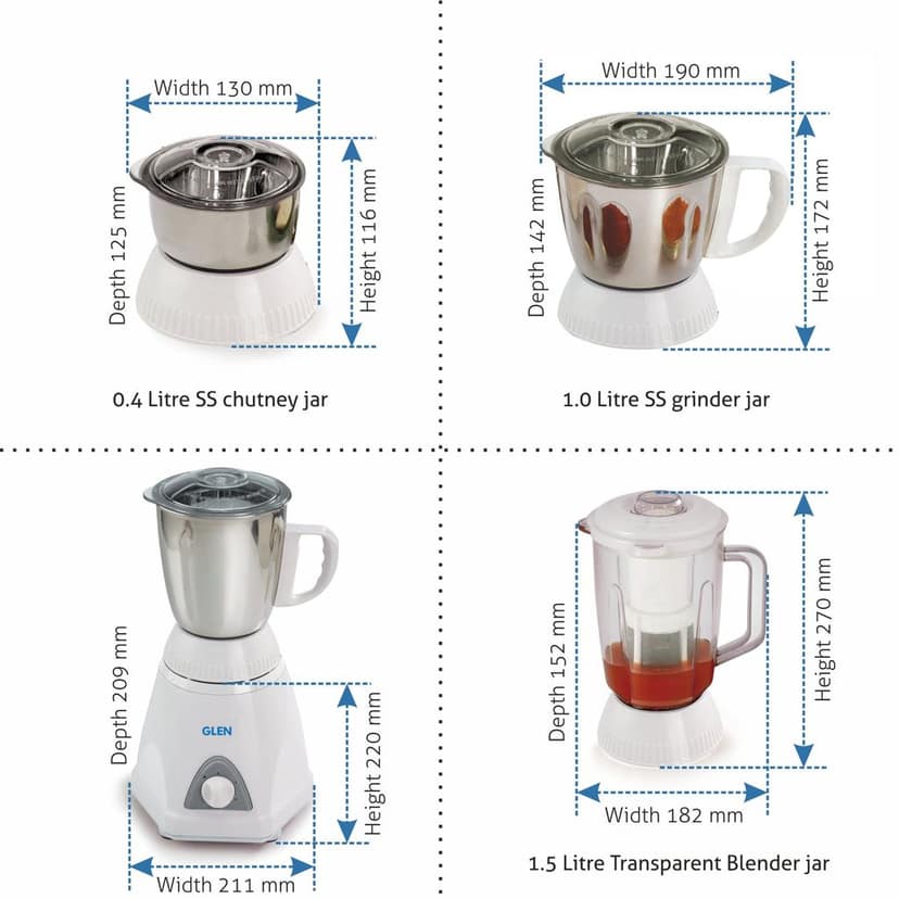 Mixer Grinder 750W with 1 Liquidiser Jar Fruit Filter 2 Stainless Steel Grinder, Chutney Jars - White (4026) view 2