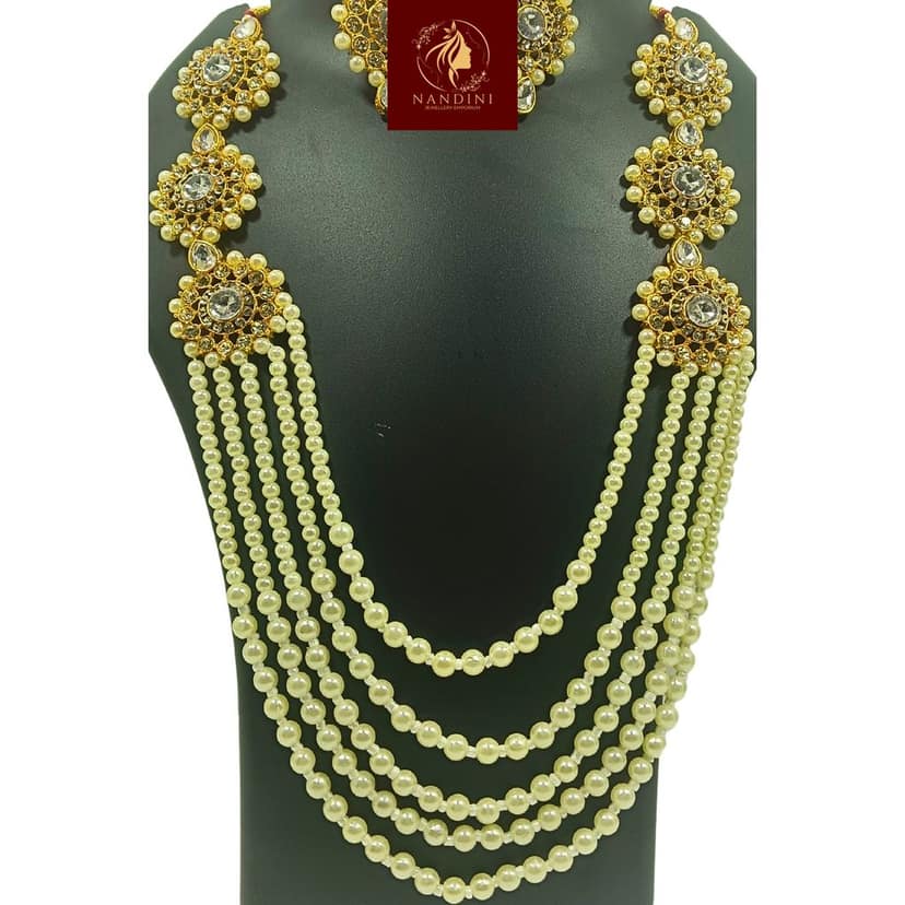 Nandini Luxury Handcrafted Gold Plated Necklace Jewellery Set with Long Chain, Earrings And Mangtika, Clear AD, Pearl Off-White view 2