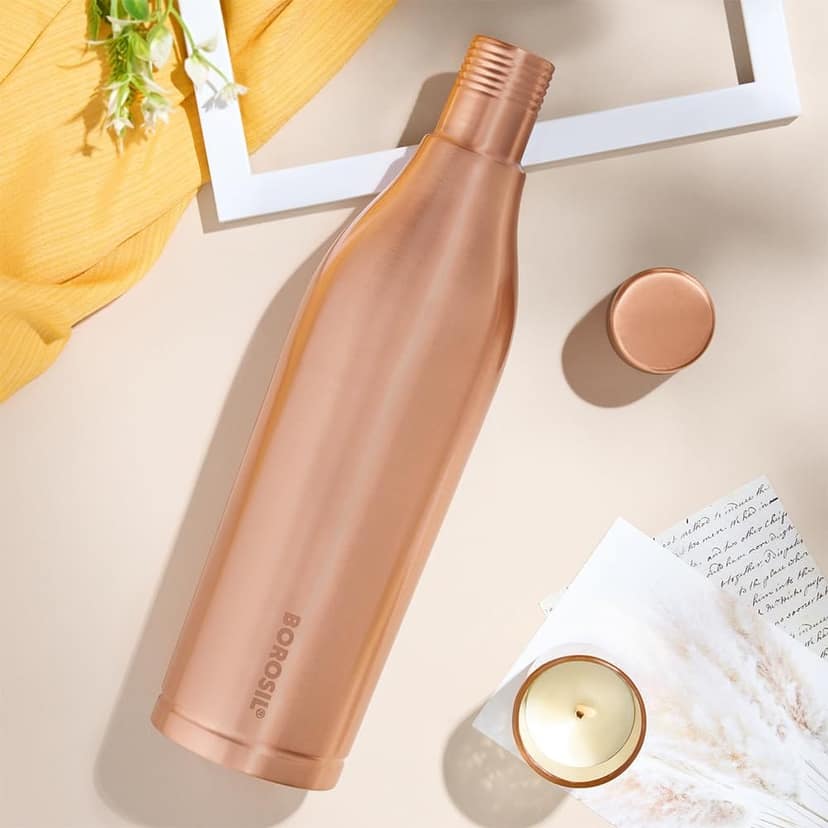 Borosil 1100 ml Gemini Copper Bottle, 100% Pure Copper, BPA Free & Leakproof with Anti-Oxidant Properties of Copper Bottle for Home, School & Office view 2