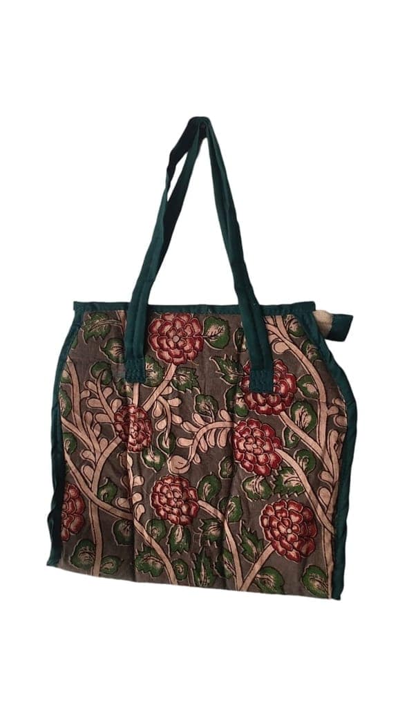 AP MEPMA KALANKARI BAGS Handcrafted Kalamkari Cotton Tote Bag with Floral Print and Green Trim view 2