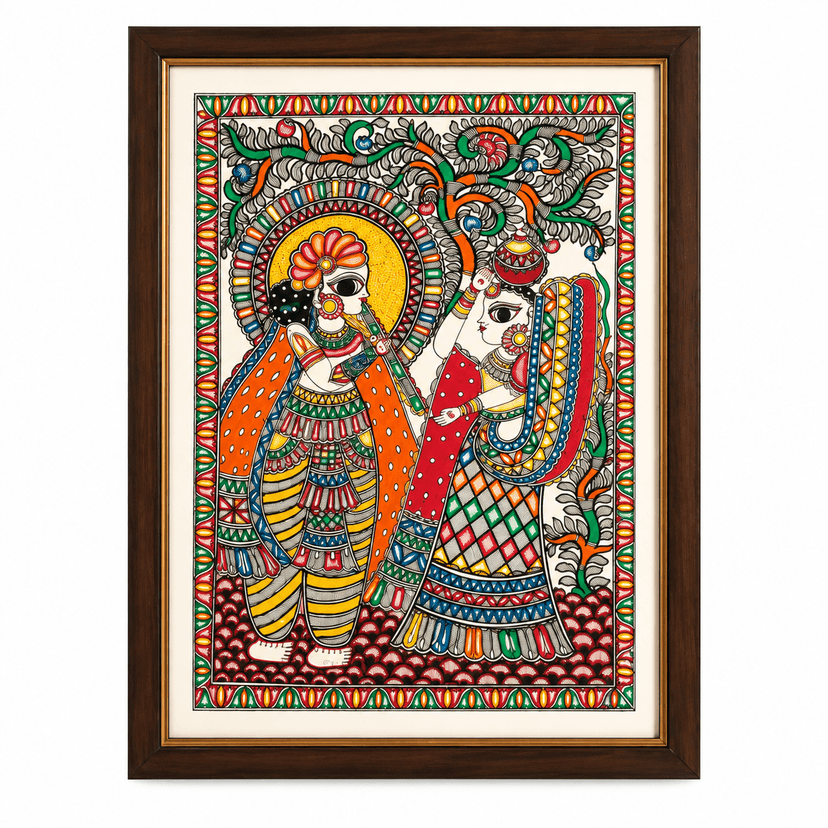 Handmade Framed Radha Krishna Painting - Vibrant Acrylic Traditional Wall Art
