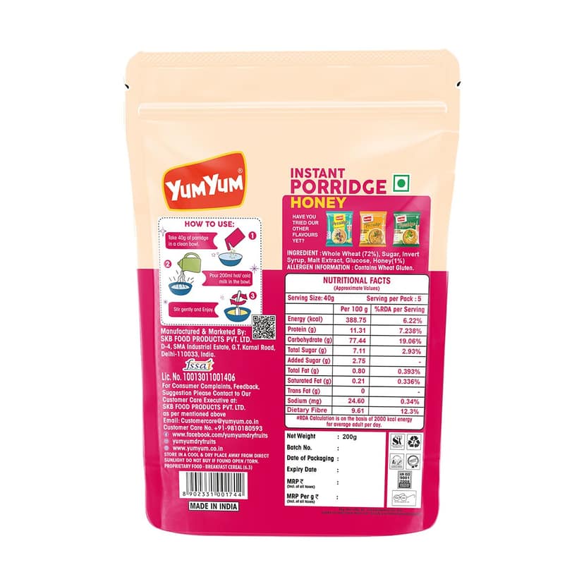YUM YUM High Fiber Instant Roasted Porridge Honey Flavor Breakfast Cereals Pouch - 200g view 2