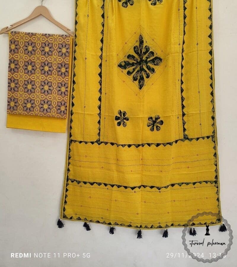 Pure Cotton Ajrakh Dress Material with Applique Design Dupatta in Beautiful Colors view 2