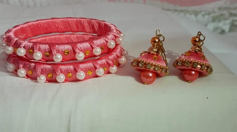 Pink Silk Thread Bangle Set with Pearl view 2
