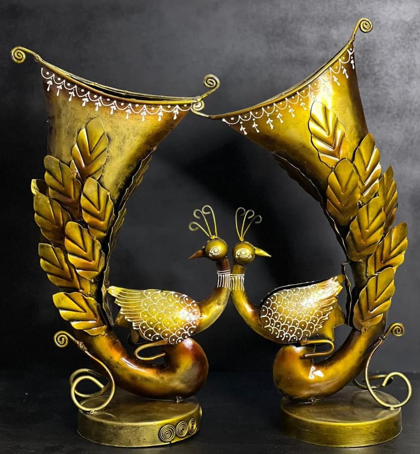 ANTIQUE TABLE TOP SET OF 2 METAL GOLDEN PEACOCK FLOWER POT STAND FIGURINE SHOWPIECES HOME DECOR/ RESTAURANT DECOR/ OFFICE DECOR/ TABLE DECOR/DRAWING ROOM DECOR / GIFT ITEM