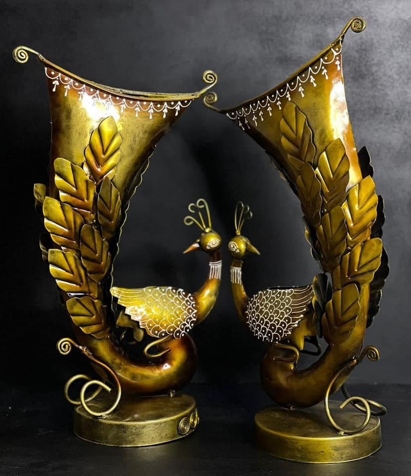 ANTIQUE TABLE TOP SET OF 2 METAL GOLDEN PEACOCK FLOWER POT STAND FIGURINE SHOWPIECES HOME DECOR/ RESTAURANT DECOR/ OFFICE DECOR/ TABLE DECOR/DRAWING ROOM DECOR / GIFT ITEM view 2