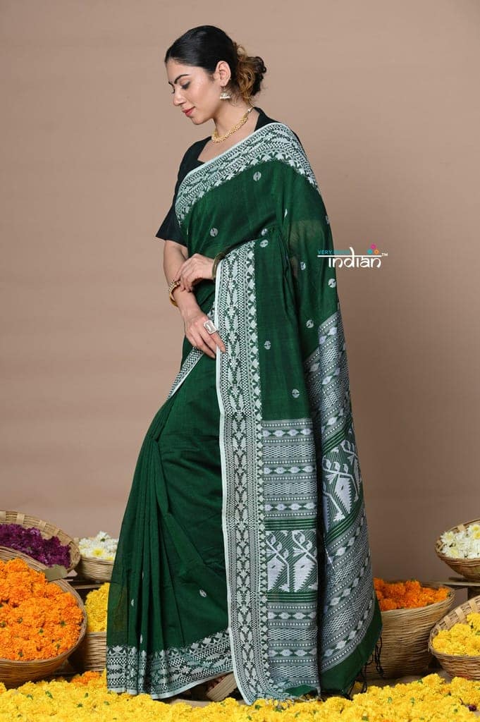 Rajsi ~ Handloom Pure Cotton Saree with Hand-embroidered Symmetric Border~ Green view 2