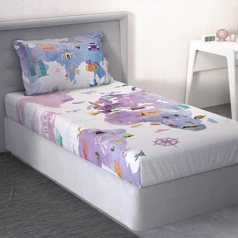 DDECOR - Little Brats Collection 100% Cotton Kids Pattern 145TC Single Bedsheet|152 CM X 224 CM| - Purple view 2